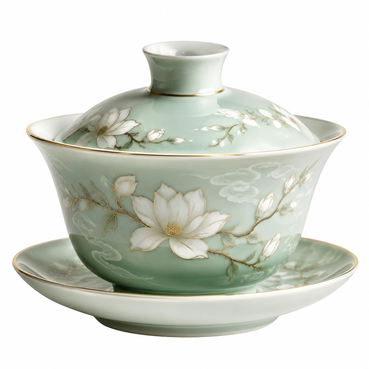 Gaiwan en Porcelaine Vert avec Motif de Magnolias Blancs