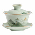Gaiwan en porcelaine avec motif paysager en relief - Vert