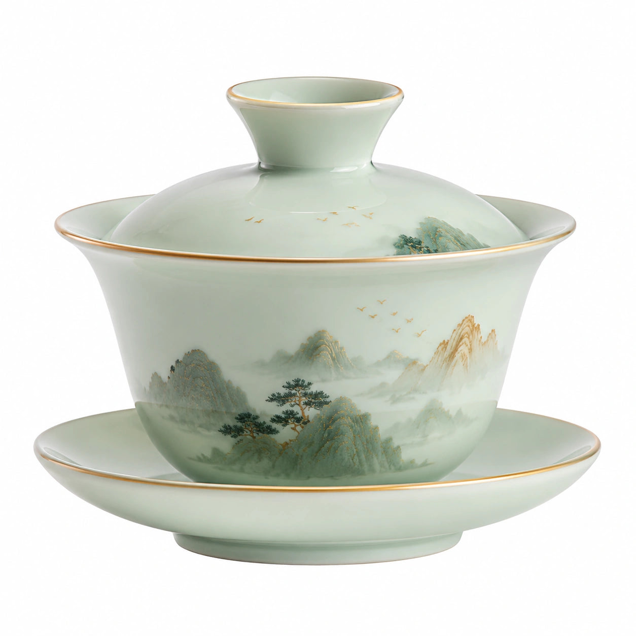 Gaiwan en porcelaine avec motif paysager en relief - Vert