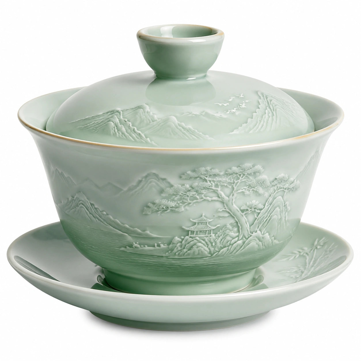 Gaiwan en porcelaine avec motifs floraux sur fond vert