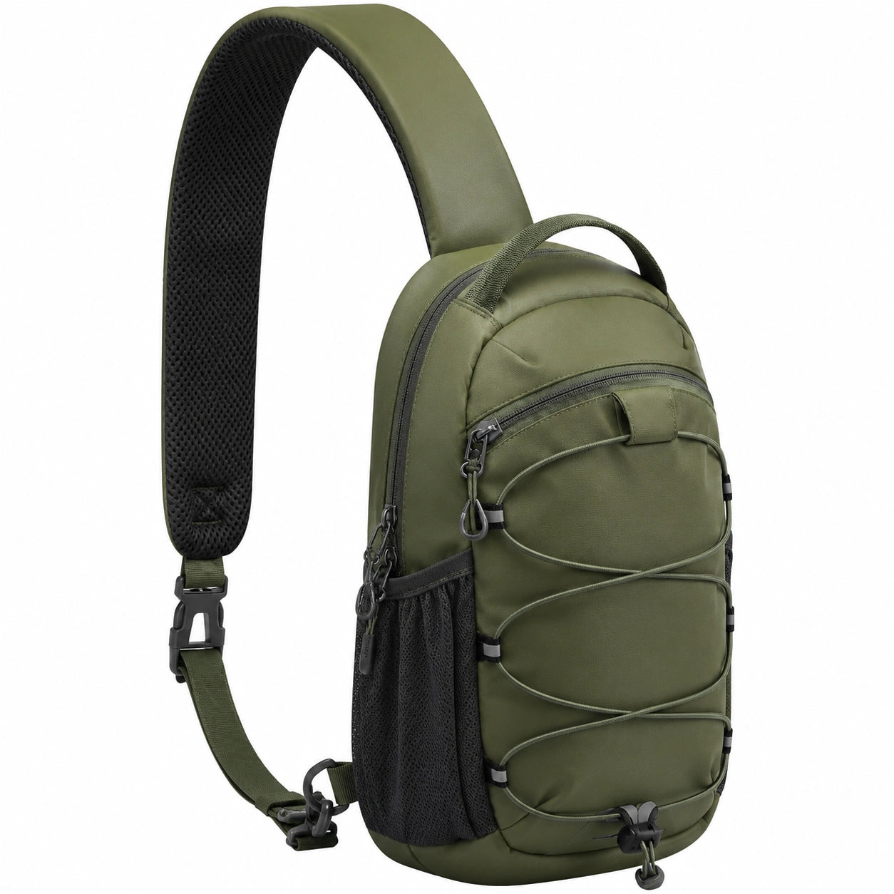 Sac à dos bandoulière léger vert armée avec poche en maille