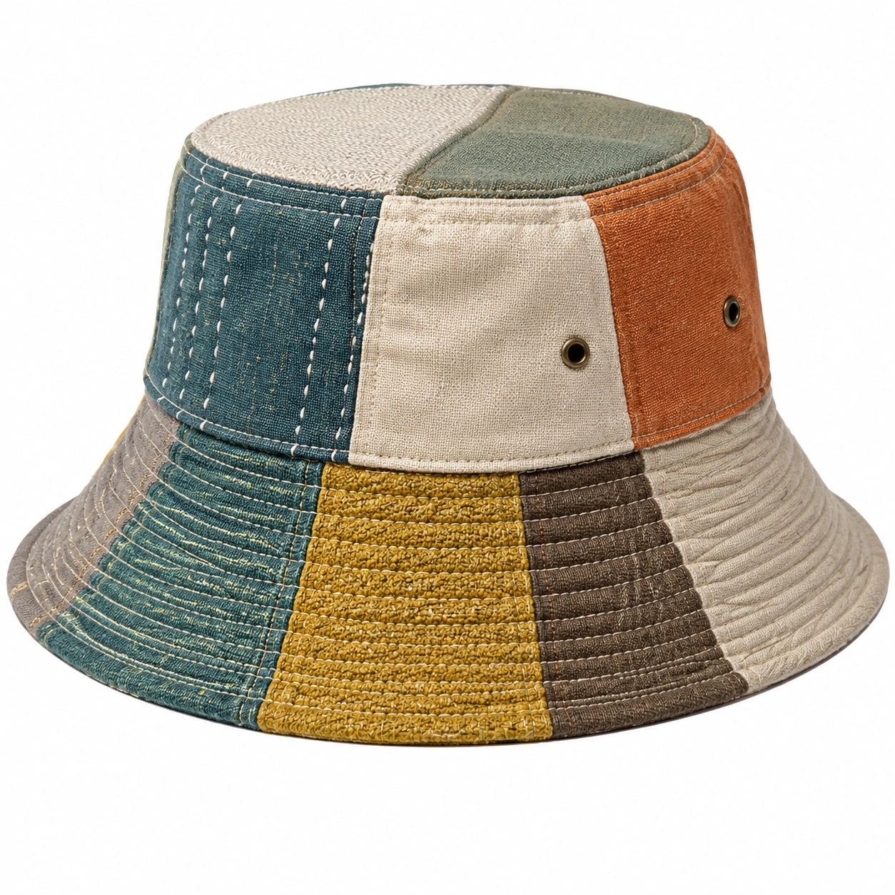 Chapeau Bob Patchwork Multicolore Bleu, Beige, Orange, Jaune, Marron