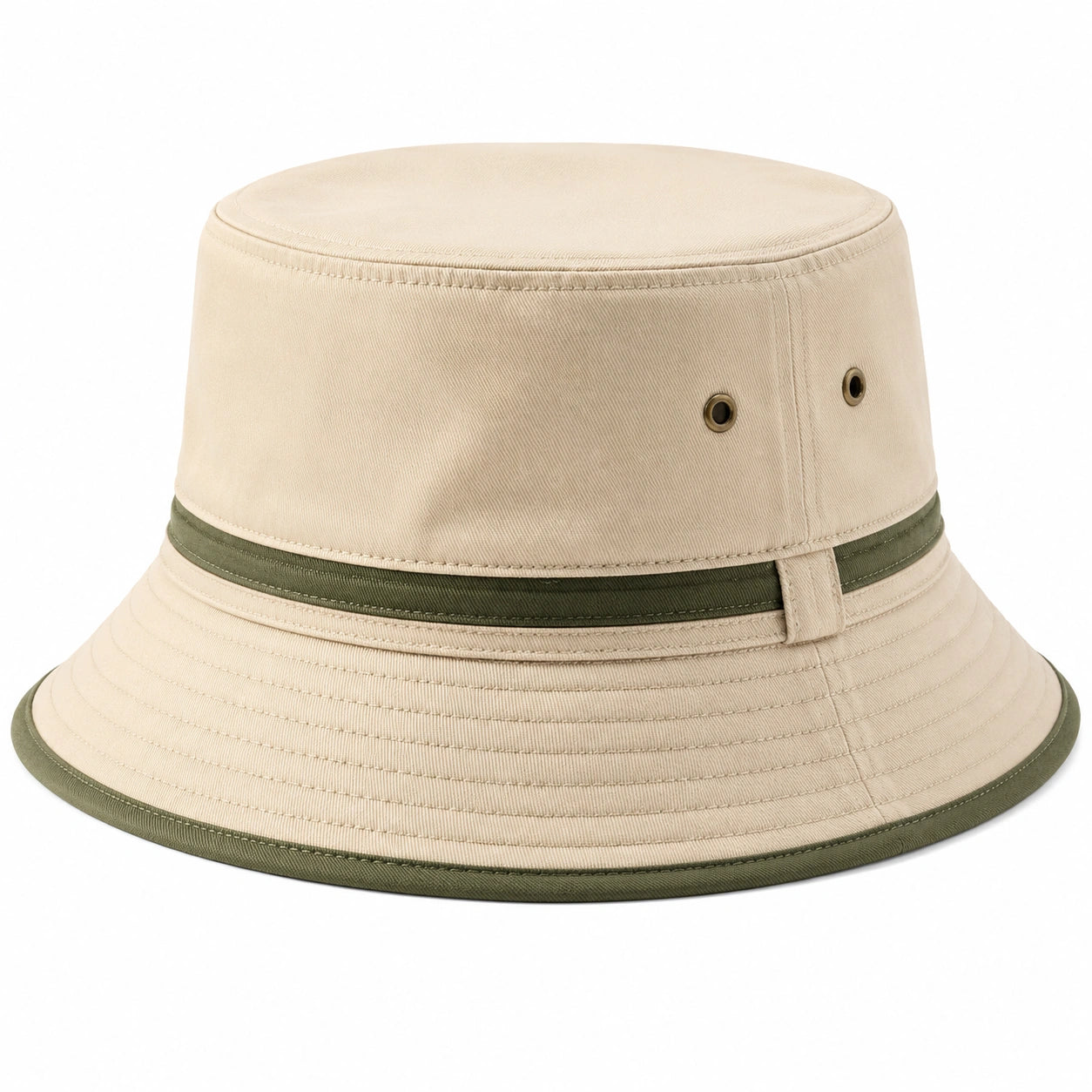 Chapeau Bob de Plein Air Beige et Vert avec Bande Contrastée