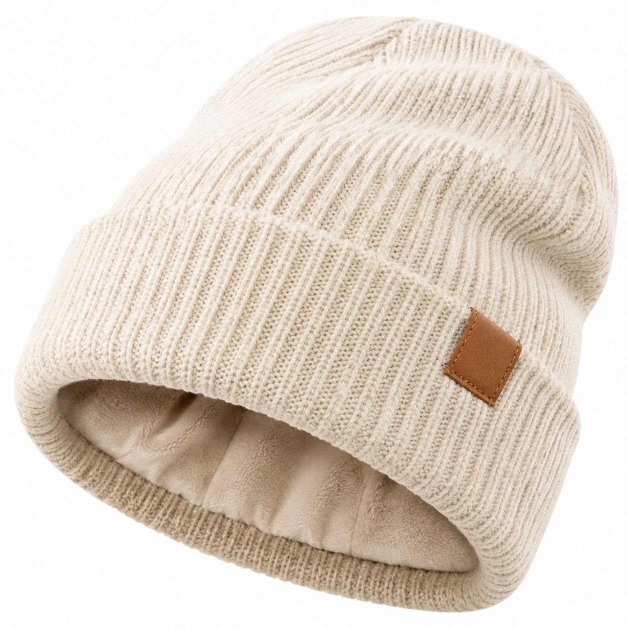 Bonnet en tricot doublé polaire beige