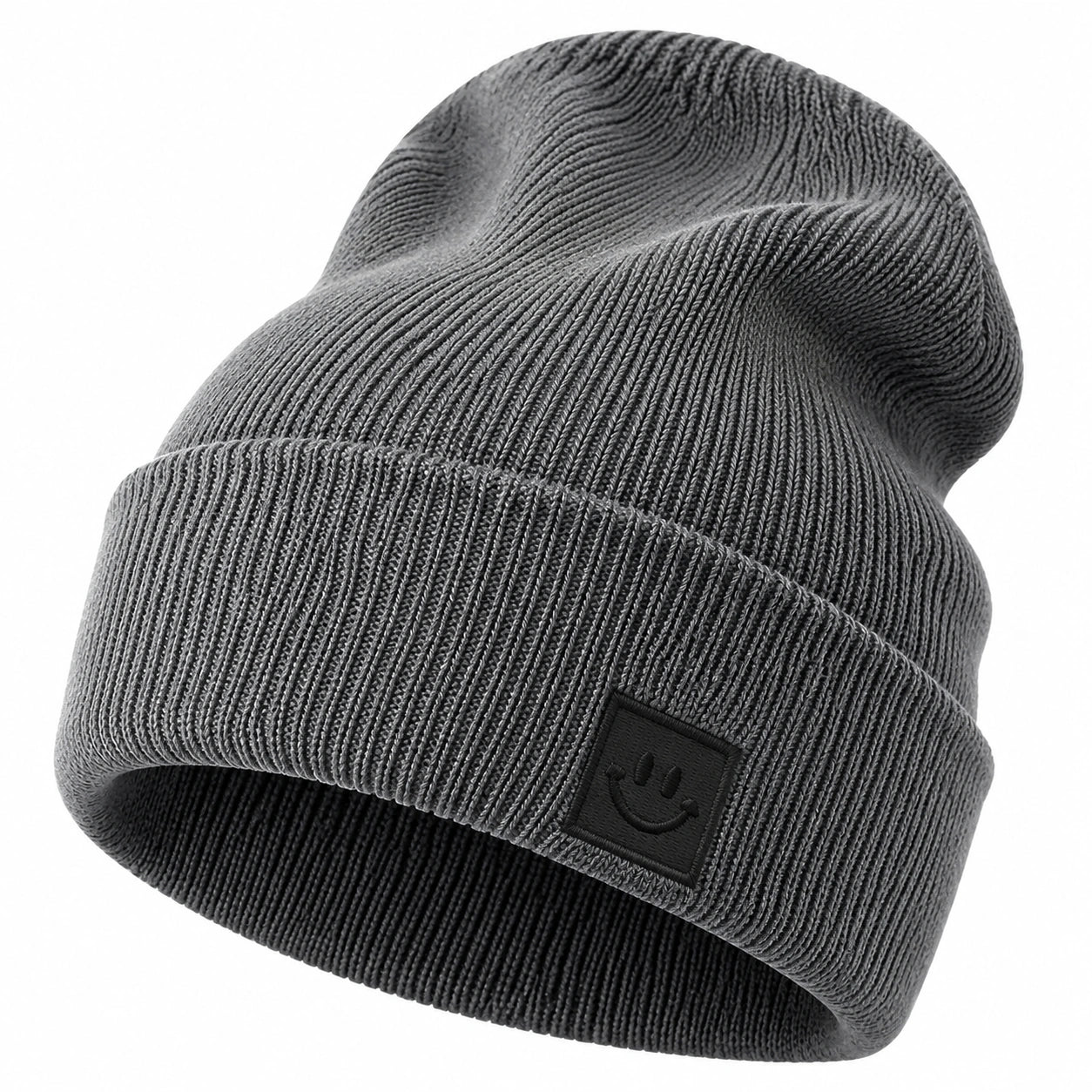 Bonnet en tricot gris avec motif sourire
